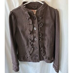 Decree Womens Size L Button-up Jacket Brown Weave Texture Ruffle‎ Fitted Y2K 90s